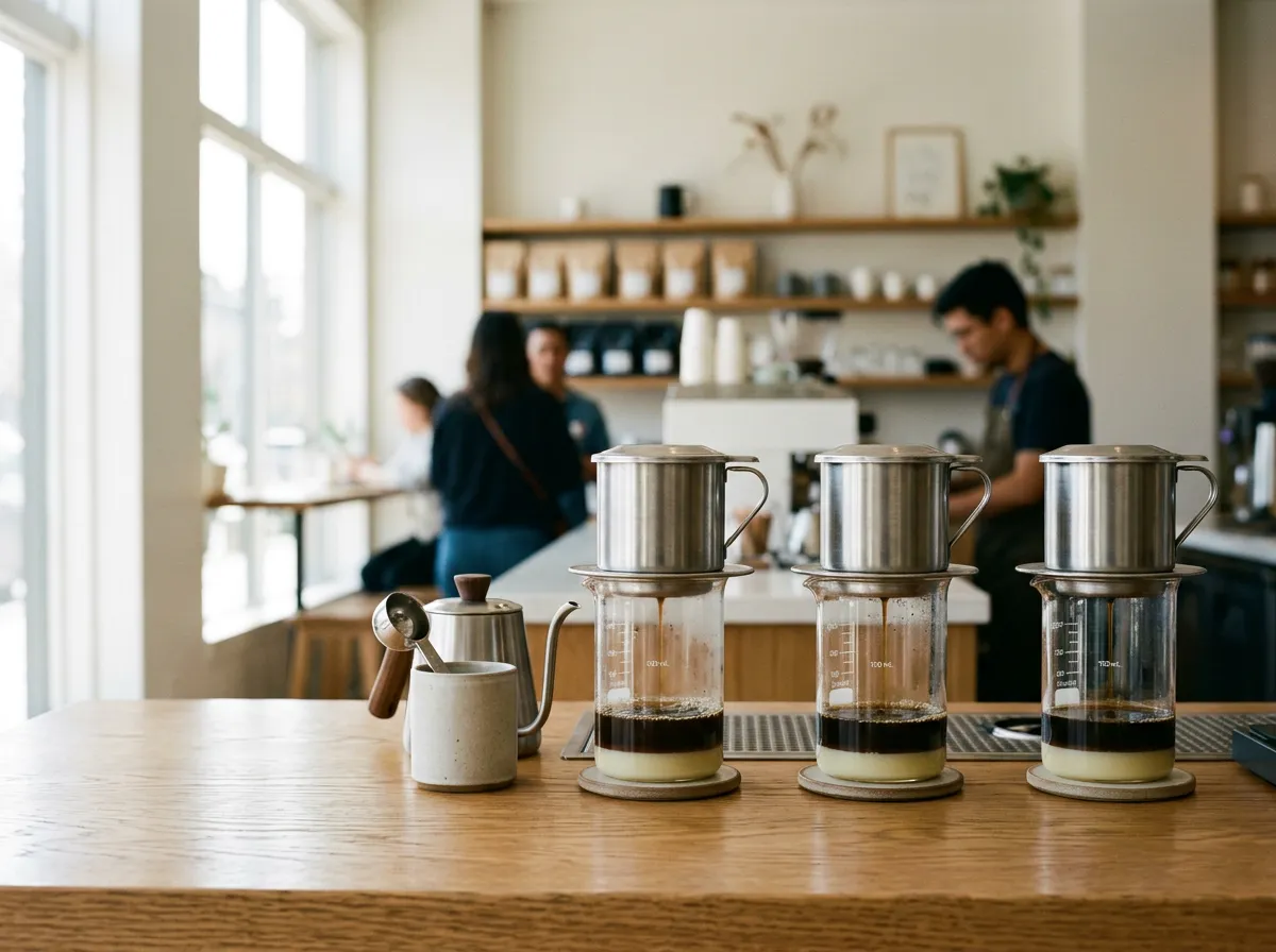Vietnamese phin coffee brewing on a cafe counter